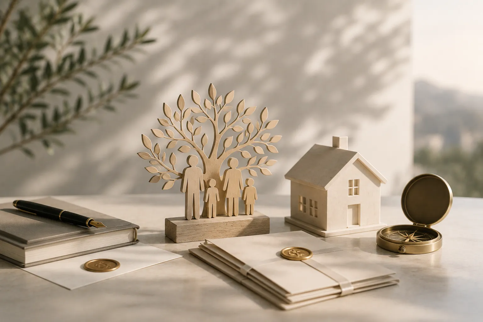 Arbre généalogique en bois, maison et testaments scellés, symbole de transmission patrimoniale